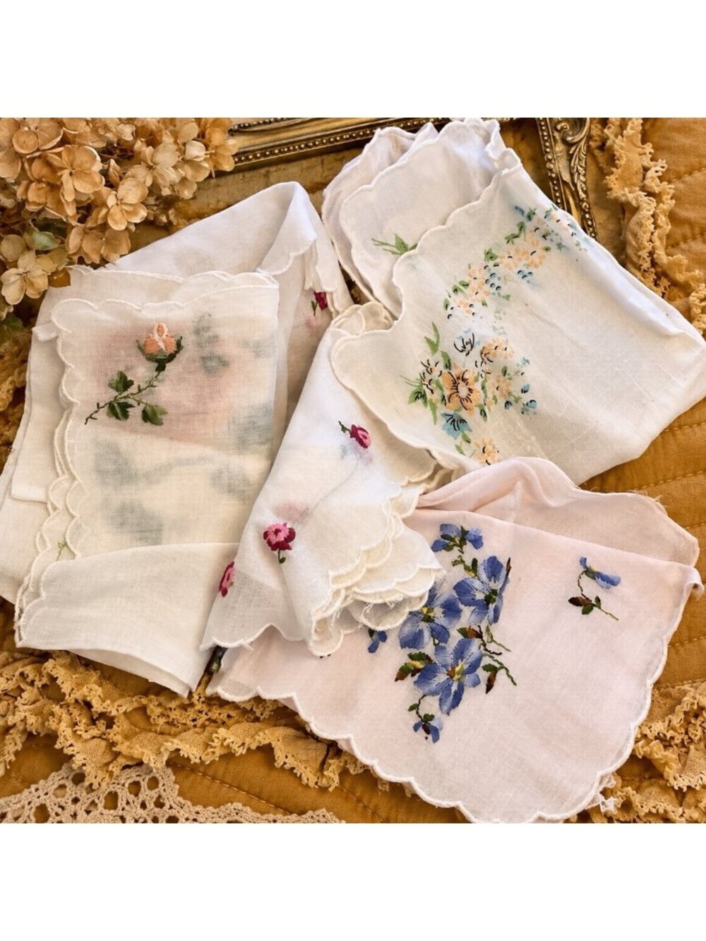 Vintage Ladies Handkerchief Lot Embroidered Floral Scalloped Hankies Cottagecore